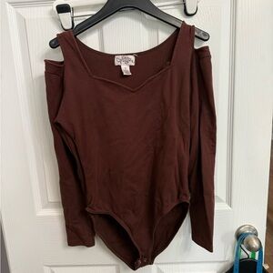 Y2K brown v neck cold shoulder cut out body suit women’s size large 90s 2000s